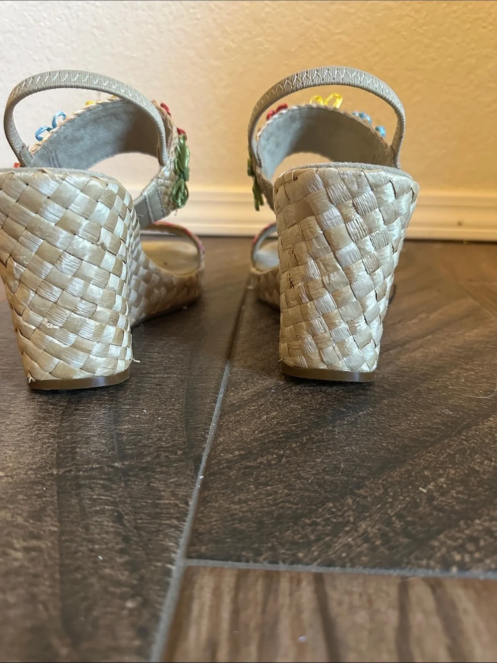Woven Espadrille Wedge Sandals with Multicolor Floral Accents